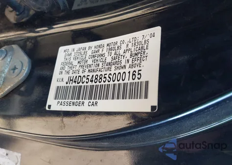2005 Acura Rsx from USA, damaged, VIN JH4DC54885S000165